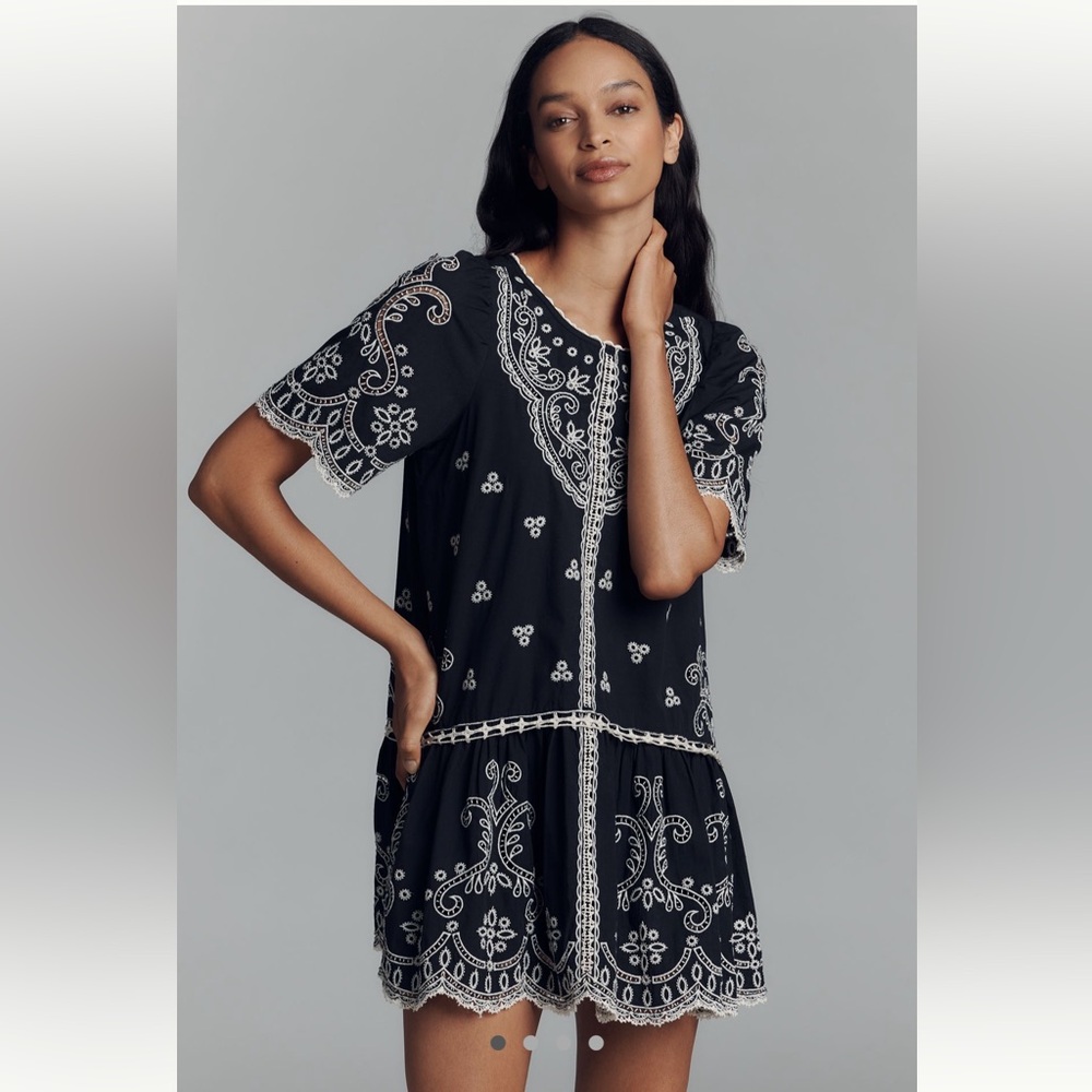 Maeve Short-Sleeve Embellished Cotton Lace Mini Dress - Size S - BNWT